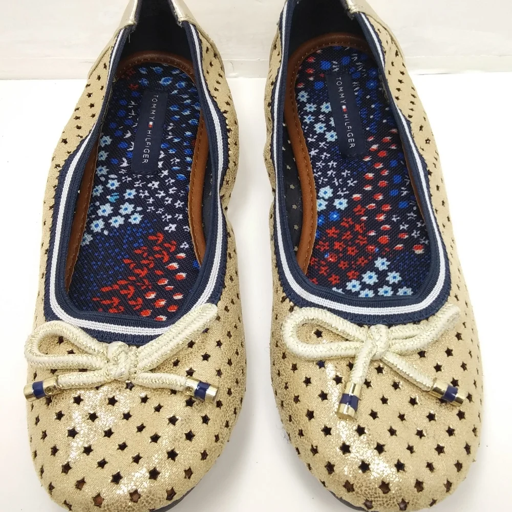 TOMMY HILFIGER Girl's Perforated Gold Stars Faux Leather Navy Ballet Flats EUC